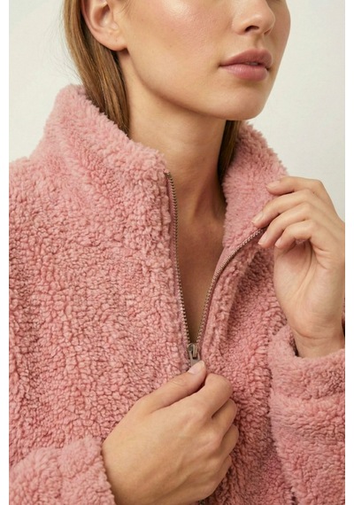 Kadın Peluş Tam Fermuarlı Cepli Sherpa Kuzu Kumaş Oversize Peluş Polar Sweatshirt Pembe