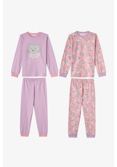 Penti Kız Çocuk Pembe Dainty Kitty Pamuklu Uzun Kollu 2li Pijama Takımı