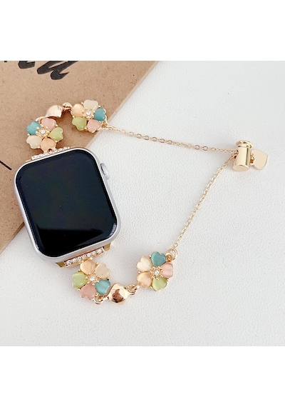 Apple Uyumlu  Watch 10 Serisi 42mm - 38/40/41mm Kordon Taşlı Parlak İnce Flower Metal Bayanlar İçin Band