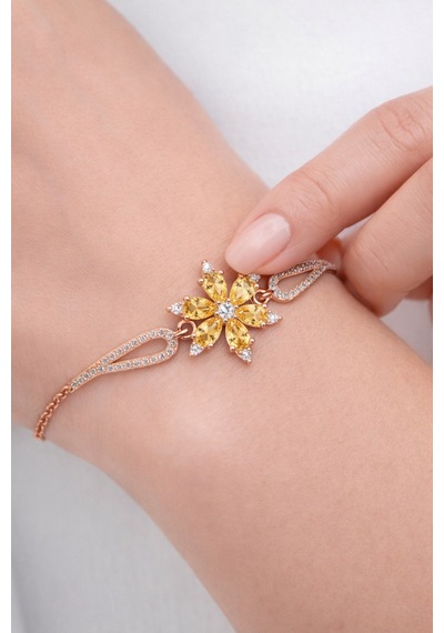 Çekirdekjewelry 925 Ayar Gümüş Sarı Taşlı Lotus Bileklik Pembe