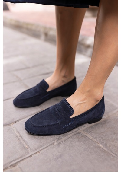 Otton Kadin Lacivert Gercek Suet Loafer Babet Lacivert Suet