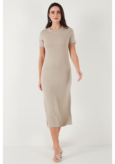 Lela Regular Fit Bisiklet Yaka Yırtmaç Detaylı Midi Bayan Elbise 5866165 Taş
