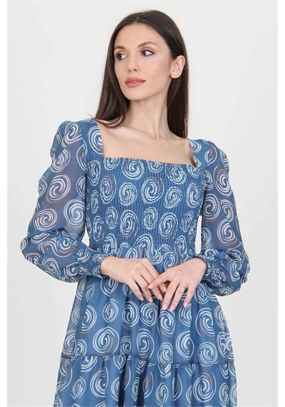 Neşeli Butik Kadın İndigo Gipeli Kare Yaka Desenli Şifon Elbise Nb100361 Indigo