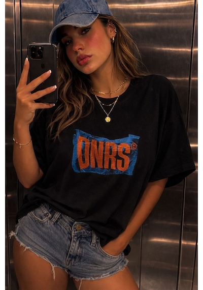 Yolo Street Onrs Baskılı Oversize Beyaz Tişört Kadın Streetwear T-shirt Siyah