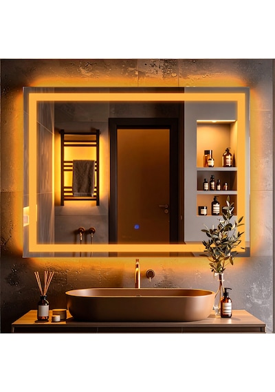 Rectango Amber Led'li Kumlamalı Lavabo & Banyo Aynası Dokunmatik Sensörlü 65 X 90 Cm Turuncu
