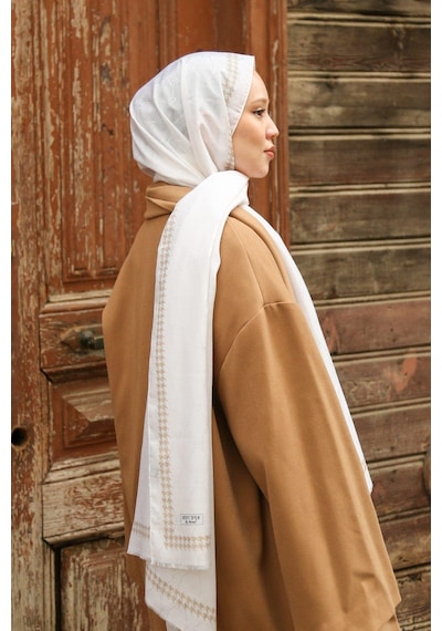 Premium Lux Original Monogram Şal İpek Vual, Yüksek Kalite, Hafif, Rahat, Şık, Tesettür, Shawl Krem