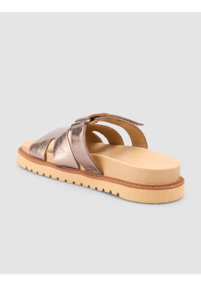 %100 Hakiki Deri Parlak Bronz Kadın Terlik Bronz