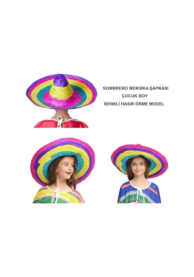 Sombrero Meksika Şapkası Renkli Örme Hasır Çocuk Boy Açık Mavi