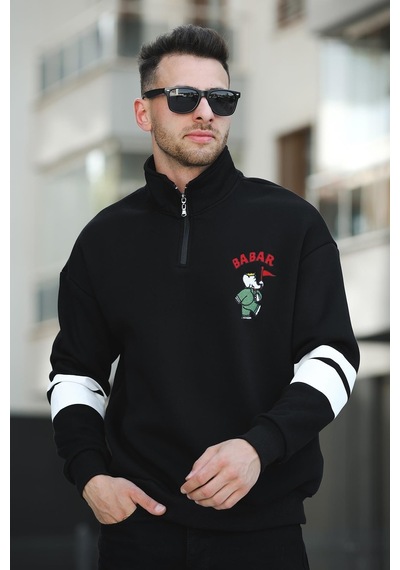 Oksit Babar Üç İplik Şardonlu Nakışlı Fermuarlı Dik Yaka Oversize Erkek Sweatshirt 001