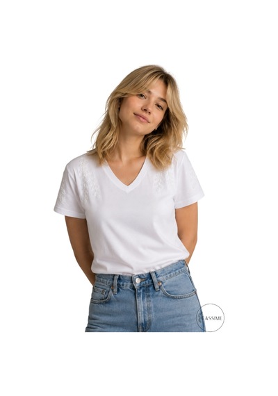 Cassime Kadın Omzu Çiçek Nakış Pul Payet İşleme Pamuk T-shirt Beyaz