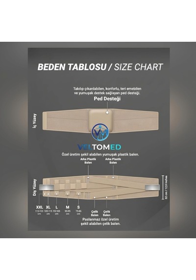 Veltomed Bej Çelik Balenli Lumbostad 26cm Korse, Ortopedik Korse, Bel Korsesi, Skolyoz, Lomber Disk, Fıtık, Kireçlenme, Karın Destek Standart Beden