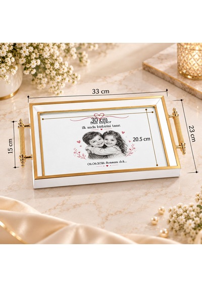 Bk Gift Kişiye Özel Fotoğraflı Beyaz&gold Söz Nişan Tepsisi-2 - 39x23 Cm Çok Renkli