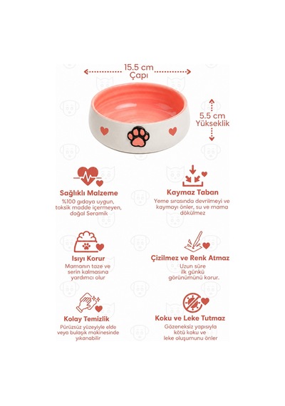 Tekli Seramik Pati Desenli 600 Ml Pembe-mama Kabı Kedi Köpek Mama Su Kabı
