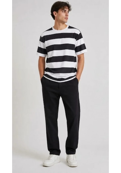 Efnaz Style Erkek Çizgili Oversize Tişört Bisiklet Yaka Kısa Kol Yazlık T-shirt - Siyah