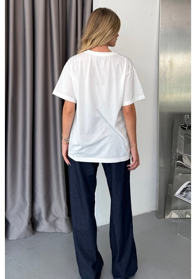 Kadın Bisiklet Yaka Taşlı Kuş Desenli T-shirt Beyaz - 5105