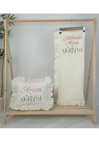 Gros Shop Müslin Yeni Doğan 4katlı Organik %100pamuk Kişiye Özgü Nakışlı Hastane Çıkış Seti Çoklu Papatya Ekru