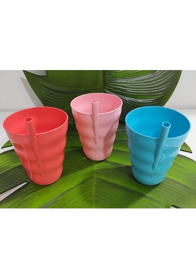 3 Adet Renkli Pipetli Plastik Bardak Pipetli Bardak  Pipet Bardak