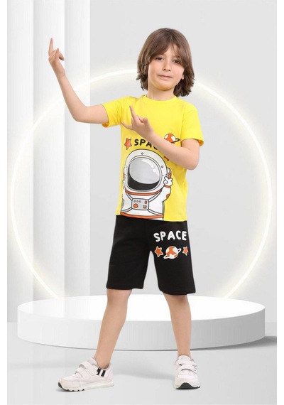 Veramoni Yazlık Çocuk Space Baskılı Kısa Kollu Bisiklet Yaka T-shirt Şort Alt Üst Takım Sarı