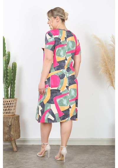 Mooi Xxl Kadın Pembe Gri Geometrik Desen Midi Elbise Pembe