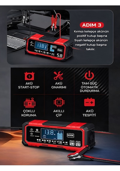 24v/8a 12v/15a Akıllı Akü Şarj Ve Onarım Cihazı Yaz Kış Modlu Lcd Ekranlı Start Stop
