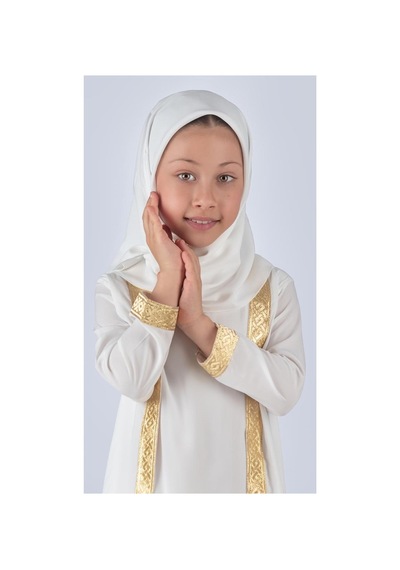 Mnk Baby & Kids Medine İpek Kumaş Eşarplı Tesettür Namaz Elbise M00742 Ekru