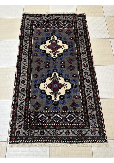 El Dokuma Gri Taşpınar Halısı Seccade 78x140 Yün Kök Boya Halı Gri