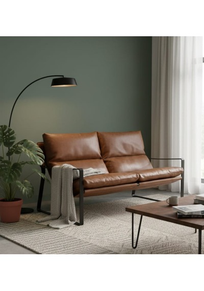 Sller Modern İkili Koltuk - Loft Tasarım Deri/kumaş Bahçe Ve Balkon Kanepesi - Metal İskeletli 130 Cm Taba