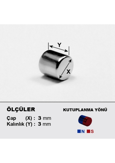 10 Adet Neodyum Mıknatıs Çap: 3mm Kalınlık: 3mm D3x3 Ndfeb Güçlü Mıknatıs Yuvarlak Nm102