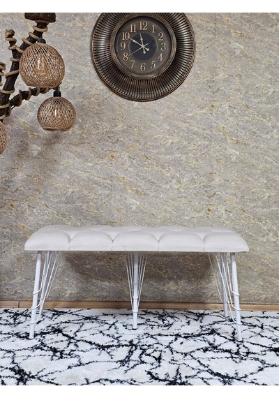 Zafir Metal Beyaz Tel Ayaklı 100 Cm Puf Bench - Puf - Bench - Oturak - Mutfak Oturağı - Antre Oturağı Krem