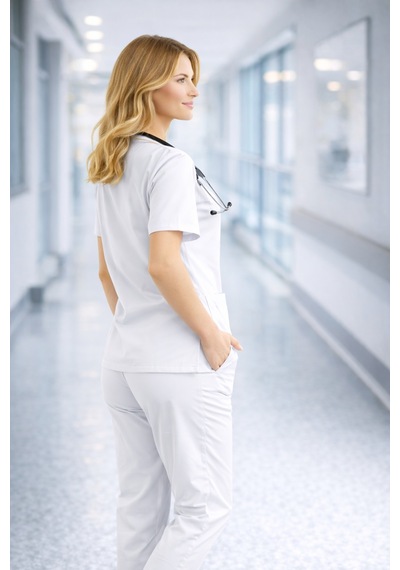 Likralı Hemşire Doktor Forması Premium Belinda Soft Kumaş Scrubs Hastane Üniforması Cerrahi Takım Beyaz