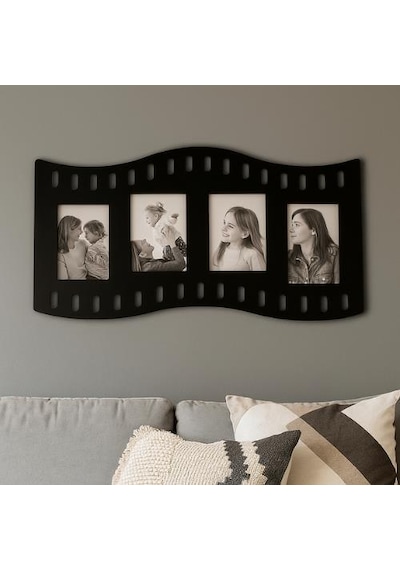Duvar Fotoğraf Çerçevesi Film Rulo Desenli Fotoğraf Çerçeve Ahşap 4 Fotoğraf Kapasiteli Pano Siyah