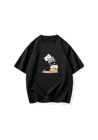 Medinenur Sevimli Kediler Baskılı Basic T-shirt Siyah
