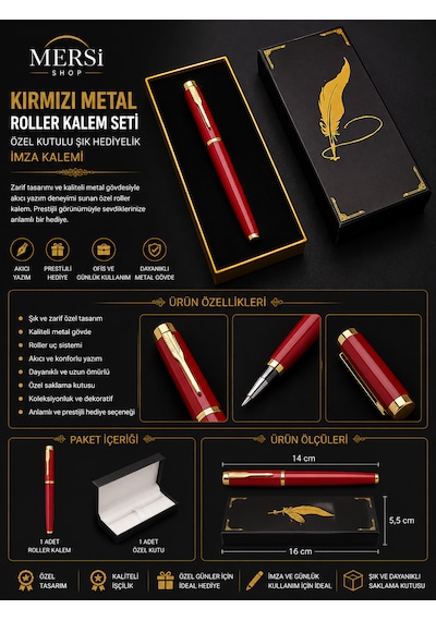 Kırmızı Metal Roller Kalem Seti Özel Kutulu Şık Hediyelik İmza Kalemi Gül Kırmızı