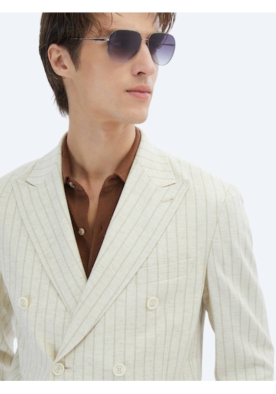 Kip Bej Çizgili Modern Fit Keten Karışımlı Ceket Bej