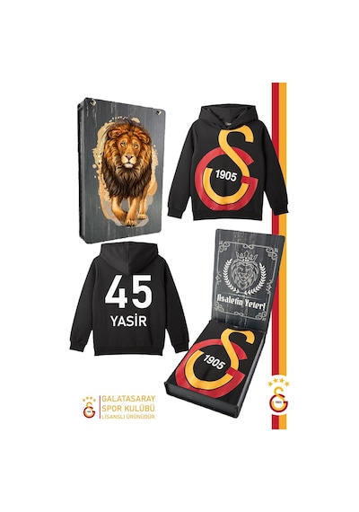 Galatasaray Lisanslı Büyük Logo Baskılı Kişiye Özel Çocuk Sweat Hediyelik Ahşap Kutulu 095 Siyah