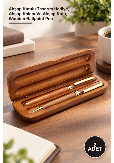 2 Adet Tükenmez Kalem Ahşap Kutulu Tasarım Hediye, Ahşap Kalem Ve Ahşap Kutu, Wooden Ballpoint Pen -
