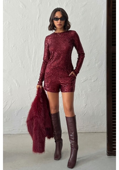 Verymoda Pullu Abiye Şort D2742 Bordo