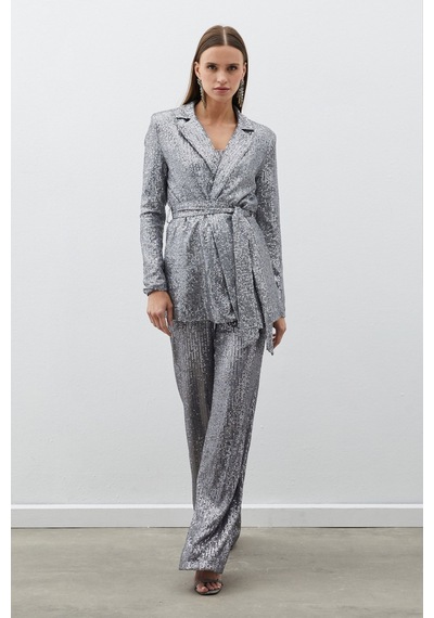 Sateen Kemerli Payet Pantolon - Gümüş