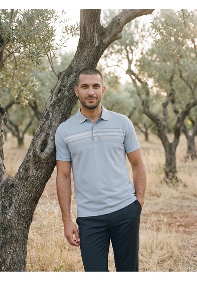 Maccali Erkek Bebe Mavisi Çizgili Bantlı Oxford Polo Yaka Tişört
