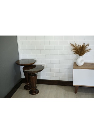 Wood Wooden Ahşap 2'li Ceviz Renk Fitilli Mantar Yan Sehpa Modern Fiskos / Çiçeklik / Zigon Sehpa Ceviz