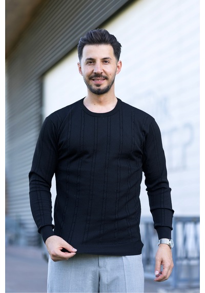 Hk Premium Erkek Fitilli Triko Kazak Slim Fit Bisiklet Yaka Likralı Kışlık Sweatshirt Siyah Hk Premium Erkek Fitilli Triko Kazak Slim Fit Bisiklet Yaka Likralı Kışlık Sweatshirt Siyah