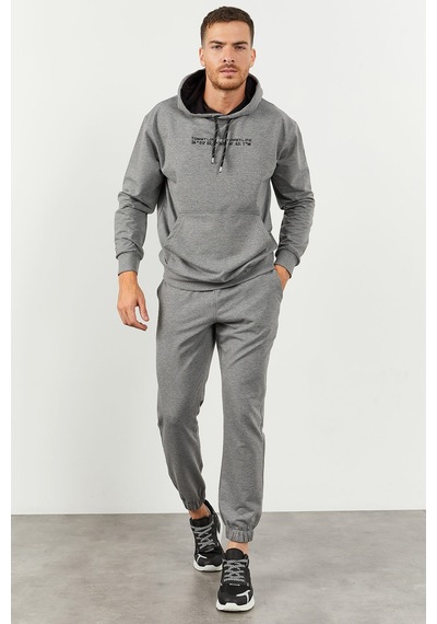 Tommy Life Gri Melanj Kapüşonlu Kanguru Cep Lastik Paça Erkek Oversize Eşofman Takımı - 85117 GRİ MELANJ