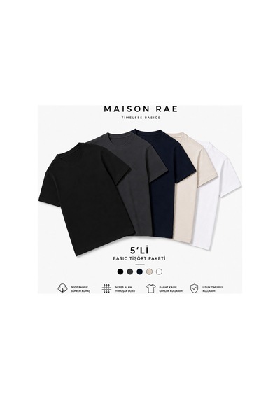 Masion Rae Erkek 5'li Basic Regular Fit Tişört Seti %100 Pamuk Bisiklet Yaka Siyah-beyaz-bej-antrasit-lacivert