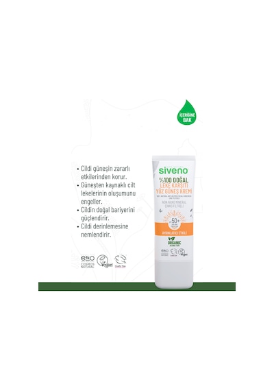 Siveno %100 Doğal Yüz Güneş Kremi Leke Karşıtı Aydınlatıcı Çinko Mineral Filtre UVA UVB SPF 50+ 30 ML