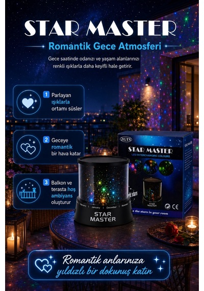 Tavan Ve Duvar Yansıtmalı Renk Değiştiren Yıldız Projektör Gece Lambası Çok Renkli