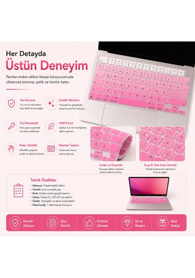 Macbook Air 13.6 İnç M2 M3 M4 M5 A2681 A3113 A3240 A3449 Uyumlu Türkçe Q Klavye Koruyucu Pembe Ombre Diğer