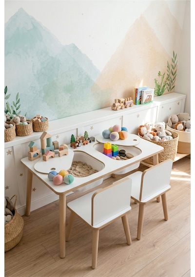 Montessori Çocuk Masası-oyun Masası-aktivite Masası-çalışma Masası-etkinlik Masası 2 Sandalye Beyaz