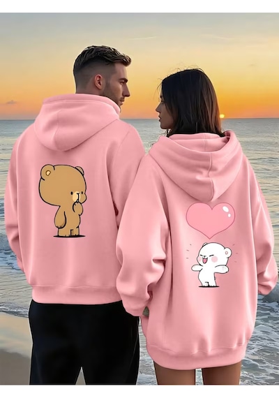 Nevermind Sevgili Kombin Hoodie Ayıcık Baskılı Kalpli Çift Sweatshirt Uni Pembe