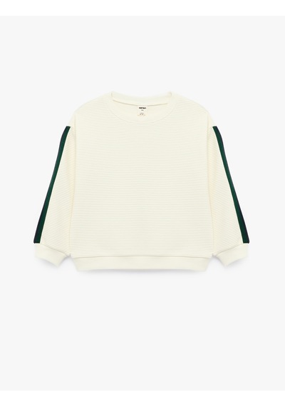 Koton Pamuklu Şerit Detaylı Bisiklet Yaka Uzun Kollu Oversize Sweatshirt Ekru 7wmb10113tk