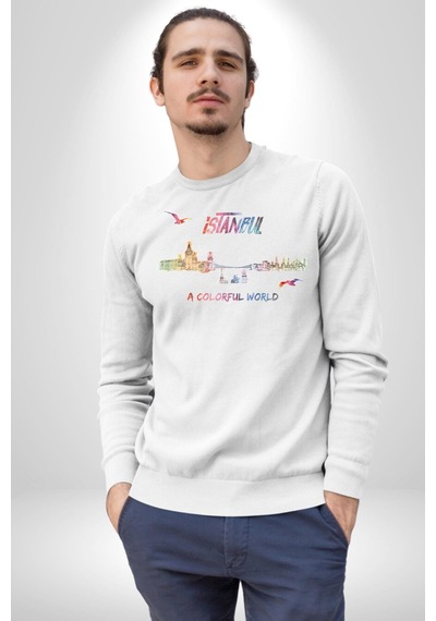 İstanbul Özel Tasarım Unisex Beyaz Sweatshirt Beyaz